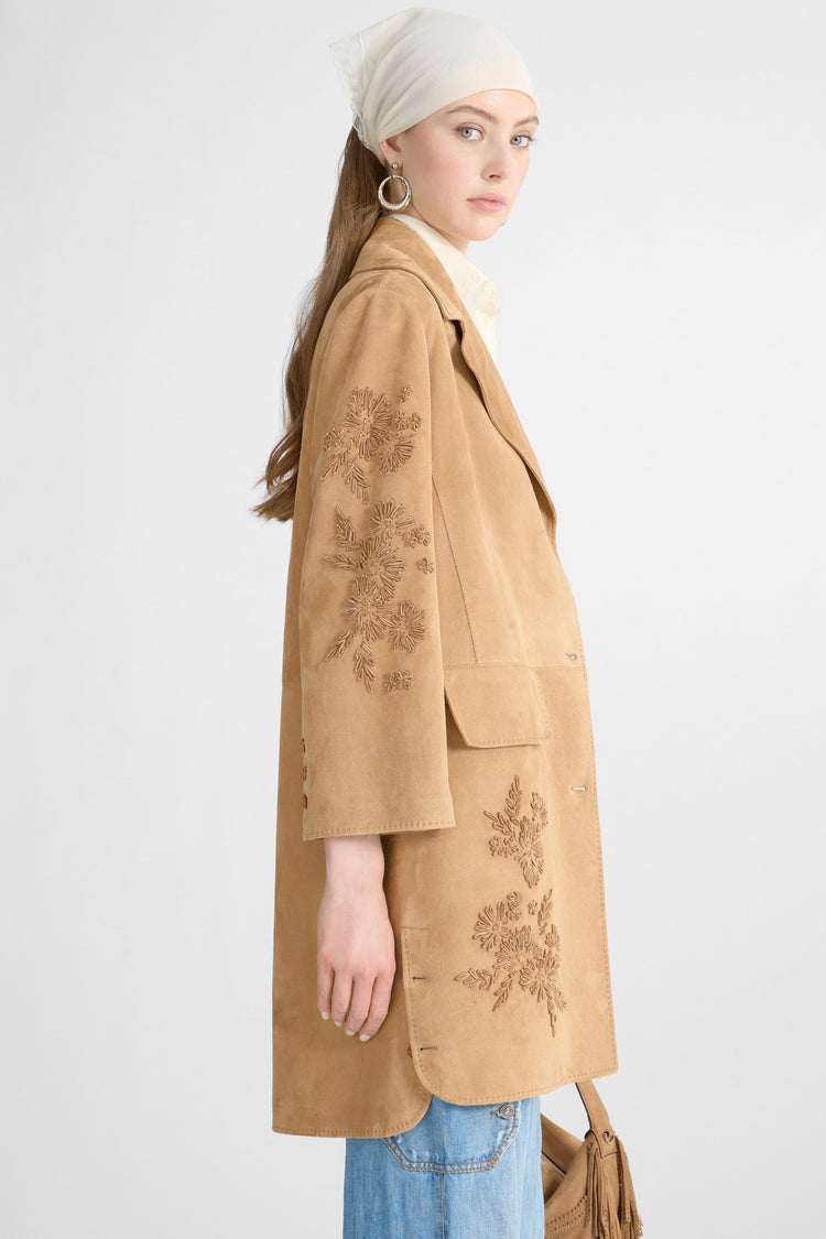 Suede caban with marocain interior and floral hand embroidery