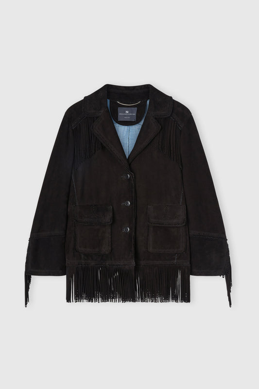 Suede caban with fringes and broguing details