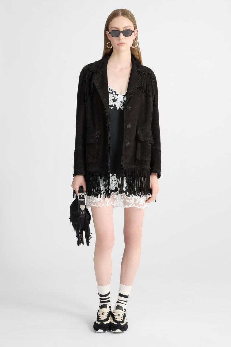 Suede caban with fringes and broguing details
