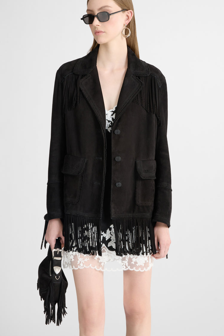 Suede caban with fringes and broguing details