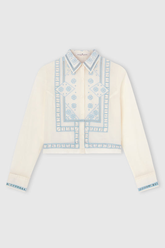 Camicia boxy in mussola di cotone con ricamo a mano