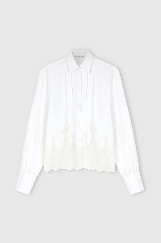 Cotton Shirt with Puff Sleeves and Rebrodé Lace Detail