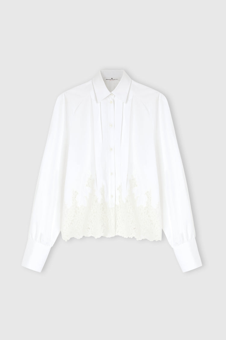 Cotton Shirt with Puff Sleeves and Rebrodé Lace Detail