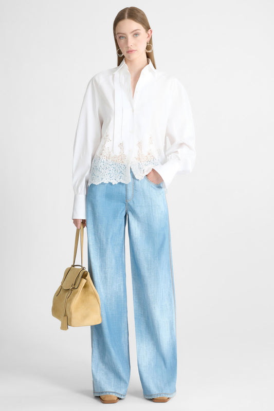 Cotton Shirt with Puff Sleeves and Rebrodé Lace Detail