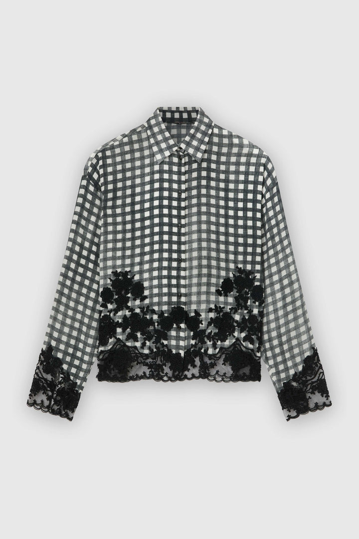 Silk Shirt with Vichy Pattern and Hand-Applied Rebrodé Lace