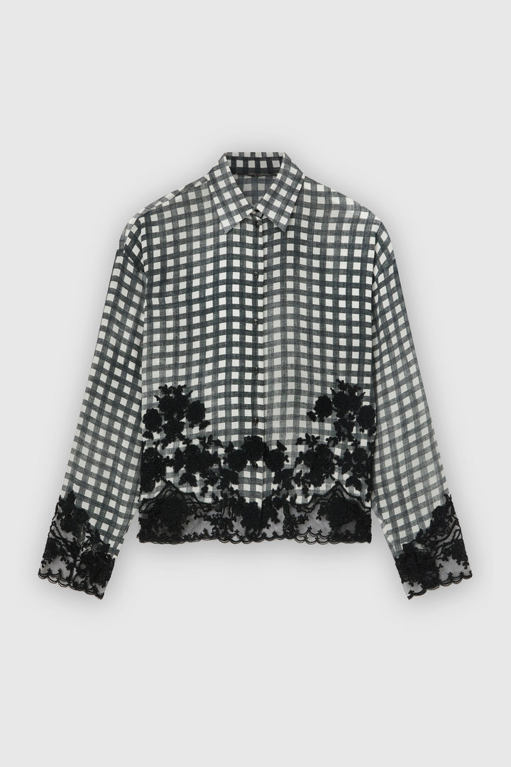 Silk Shirt with Vichy Pattern and Hand-Applied Rebrodé Lace