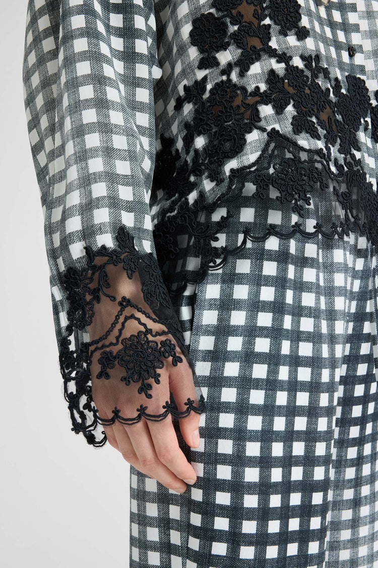 Silk Shirt with Vichy Pattern and Hand-Applied Rebrodé Lace