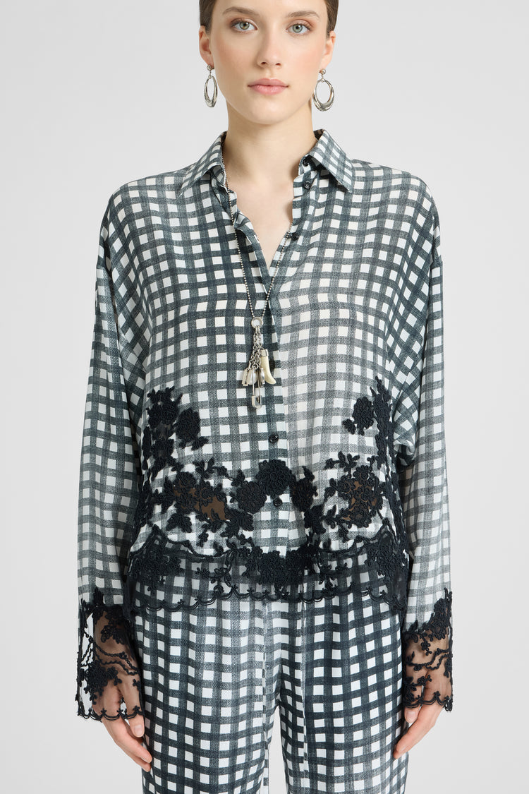 Silk Shirt with Vichy Pattern and Hand-Applied Rebrodé Lace
