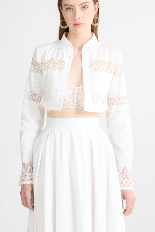 Cropped Cotton Poplin Shirt with Valencienne Lace