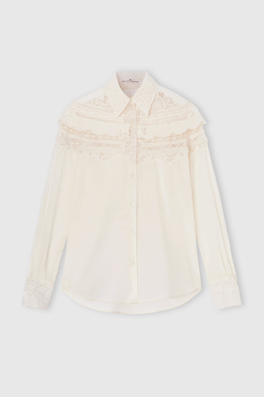 Cotton Muslin Shirt with Valencienne, San Gallo, and Rebrodé Lace