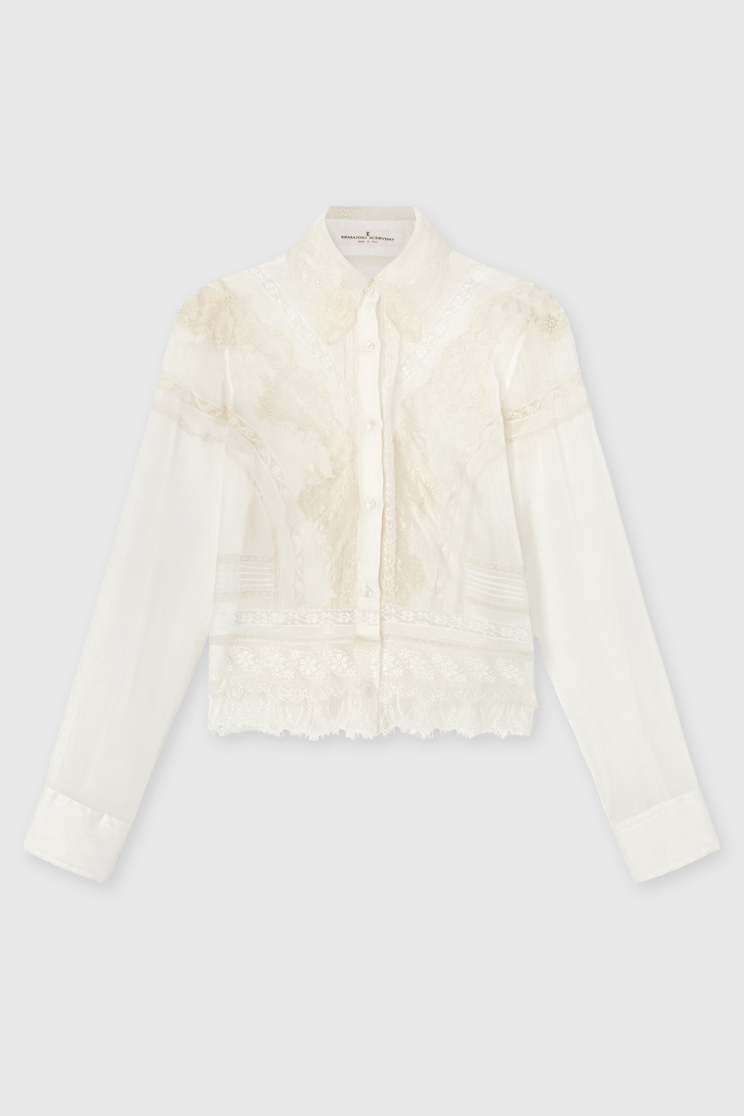 Cropped cotton and silk muslin shirt with Rebrodé and Valencienne