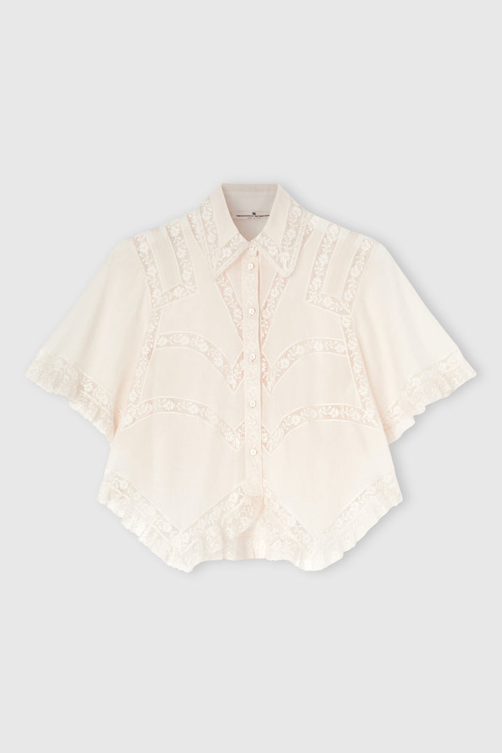 Cropped Cotton Muslin Shirt with Valencienne Lace