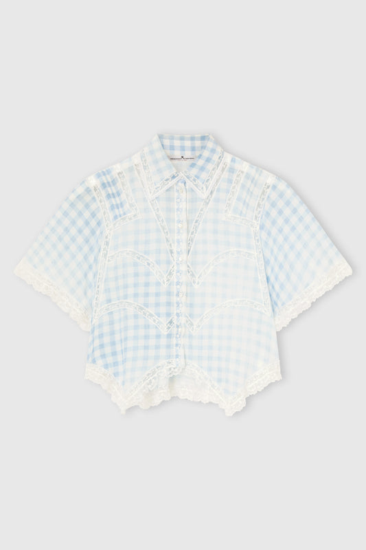 Camicia cropped in seta con stampa Vichy e pizzo Valencienne