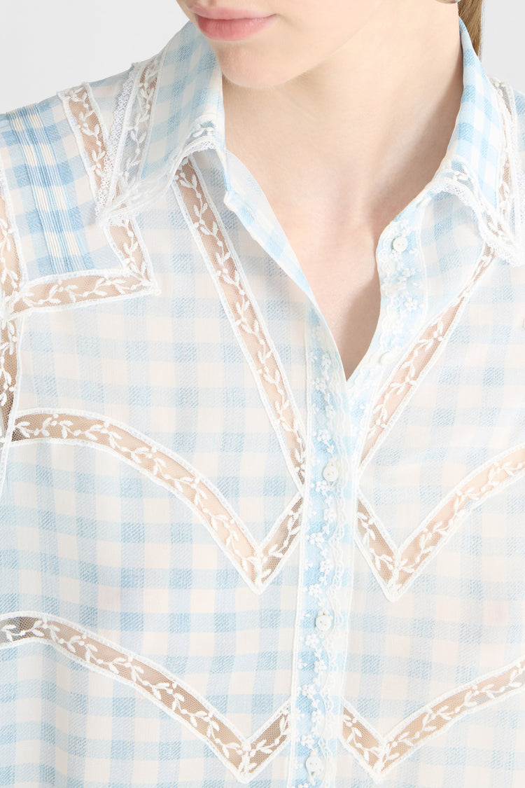 Cropped Silk Shirt with Blue Vichy Print and Valencienne Lace