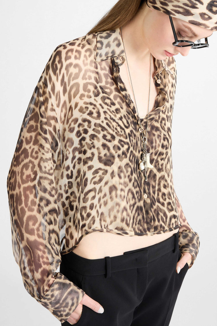 Silk shirt with natural-effect leopard print