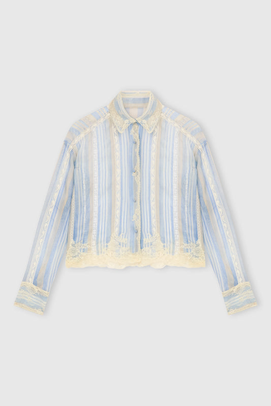 Camicia in seta con stampa righe e dettagli in pizzo