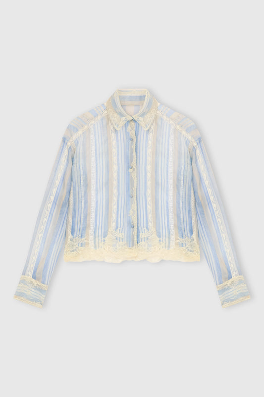 Camicia in seta con stampa righe e dettagli in pizzo