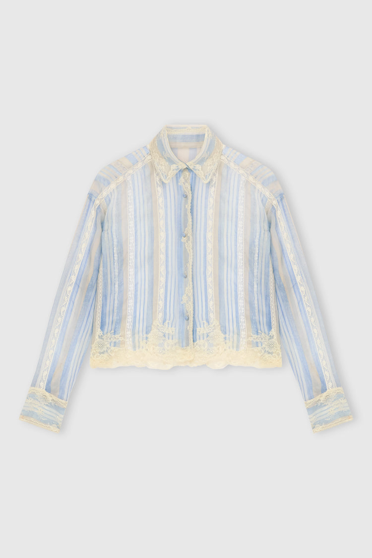 Camicia in seta con stampa righe e dettagli in pizzo