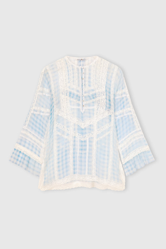 Blusa in seta con stampa vichy e pizzo valencienne