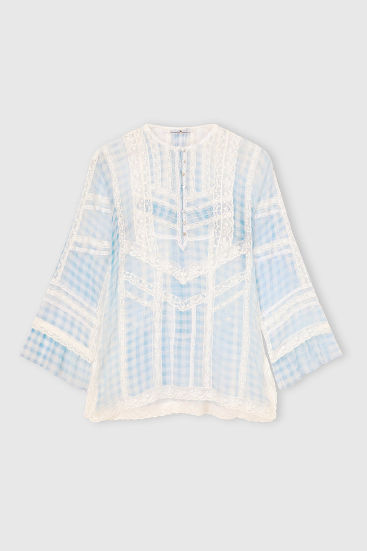 Silk Blouse with Vichy Print and Valencienne Lace