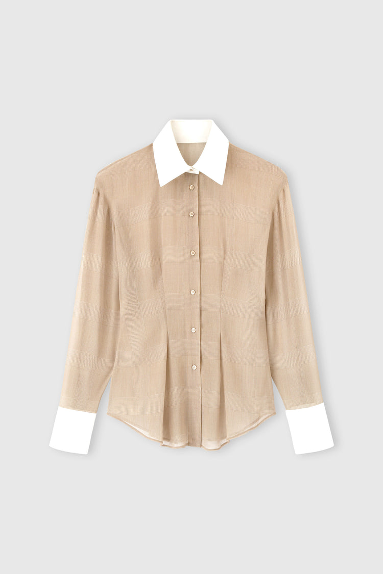 Beige and white Prince of Wales technical georgette shirt