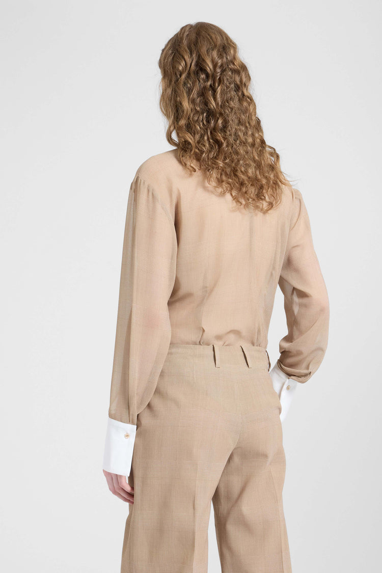 Beige and white Prince of Wales technical georgette shirt