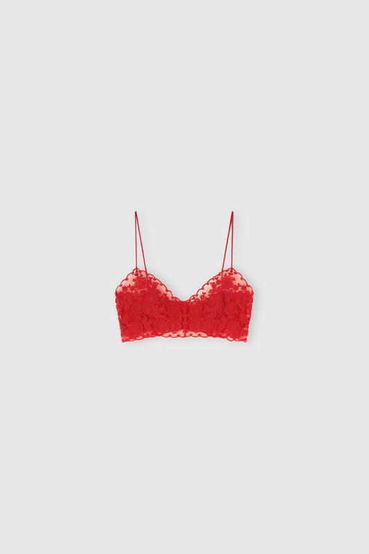 Unstructured Tulle Red Bra with Rebrodé Lace