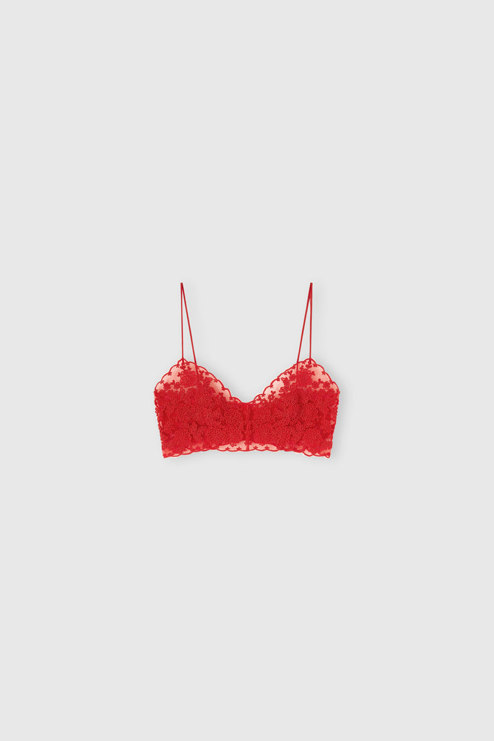 Unstructured Tulle Red Bra with Rebrodé Lace