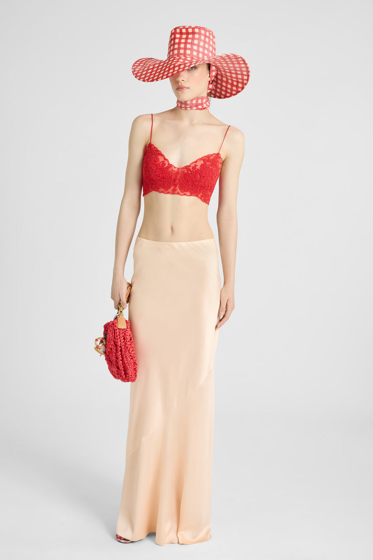 Unstructured Tulle Red Bra with Rebrodé Lace