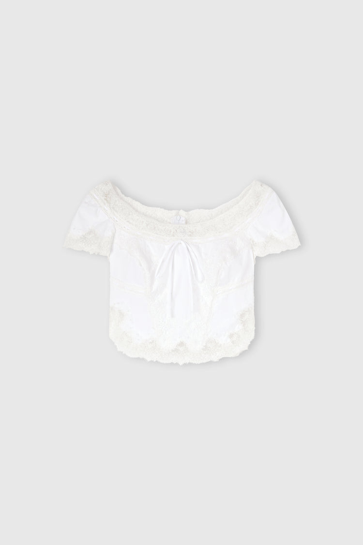 Short-Sleeve Cotton Poplin Top with Chantilly Lace