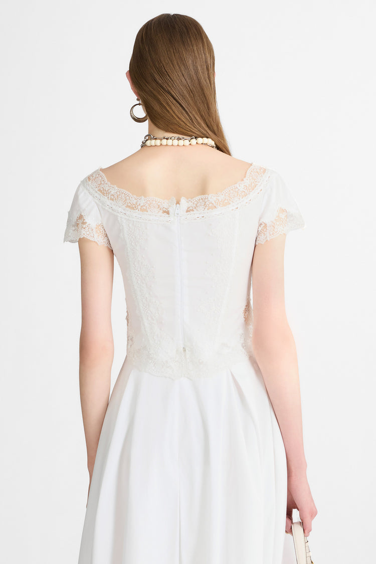 Short-Sleeve Cotton Poplin Top with Chantilly Lace