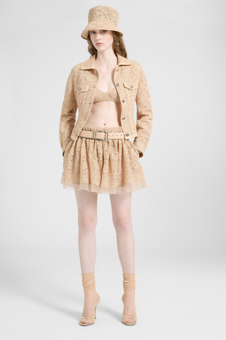 Bra destrutturato in tulle e pizzo maiolica con cristalli applicati a mano