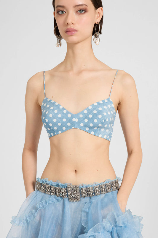 Deconstructed silk bra with white polka dots