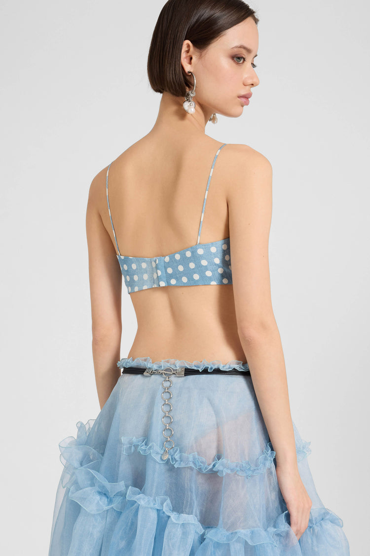 Deconstructed silk bra with white polka dots