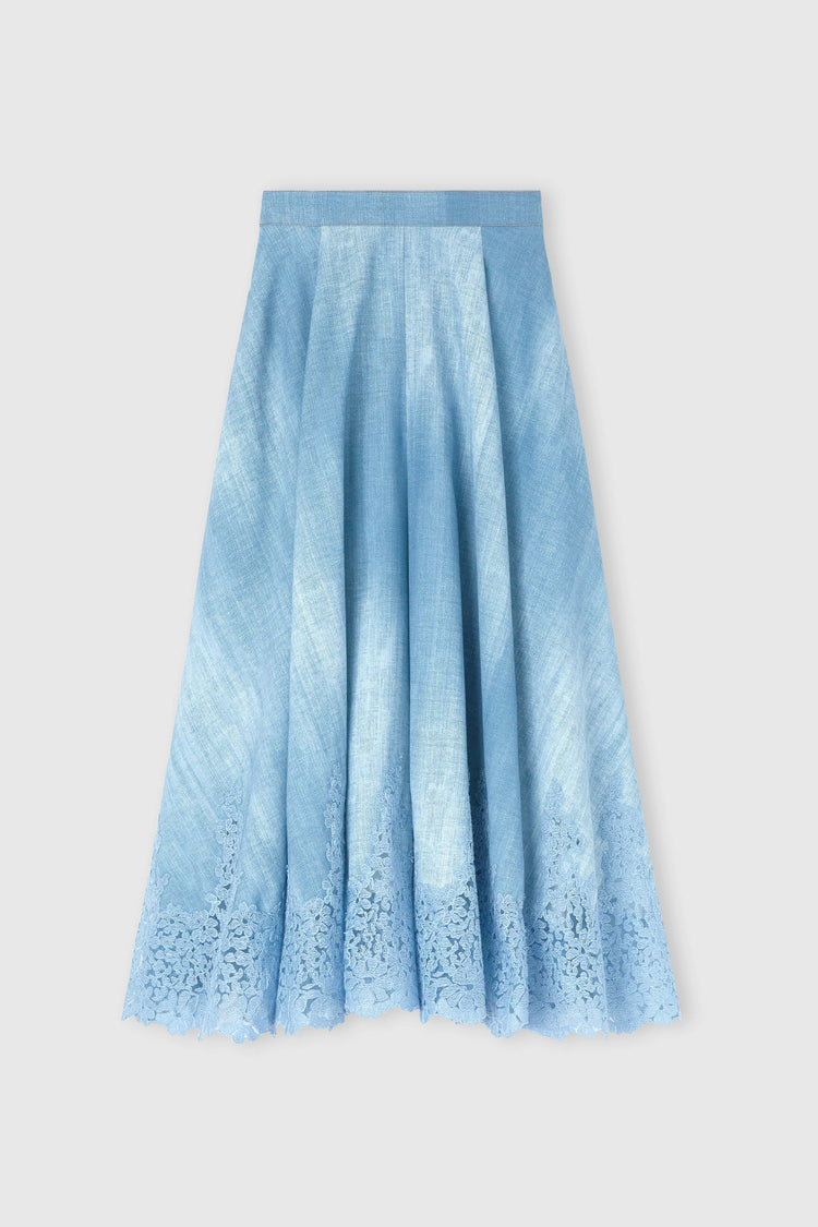 Wide Midi Skirt in Marocain Jeans Print with Rebrodé Lace