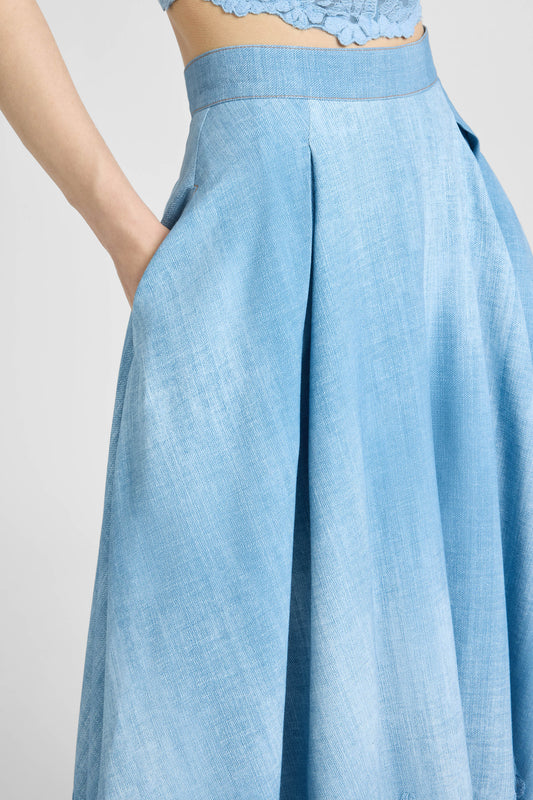 Wide Midi Skirt in Marocain Jeans Print with Rebrodé Lace