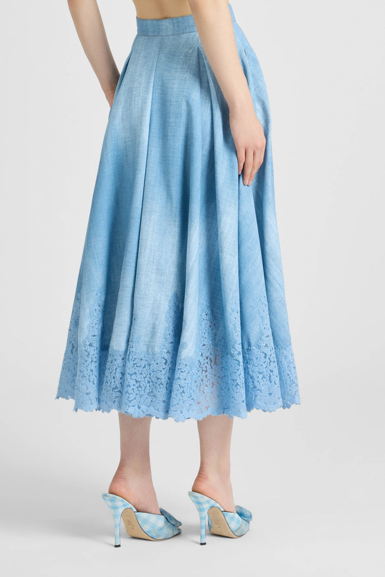 Wide Midi Skirt in Marocain Jeans Print with Rebrodé Lace