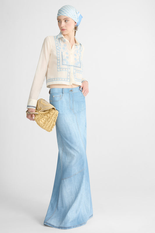 Long Skirt in Marocain Jeans Print