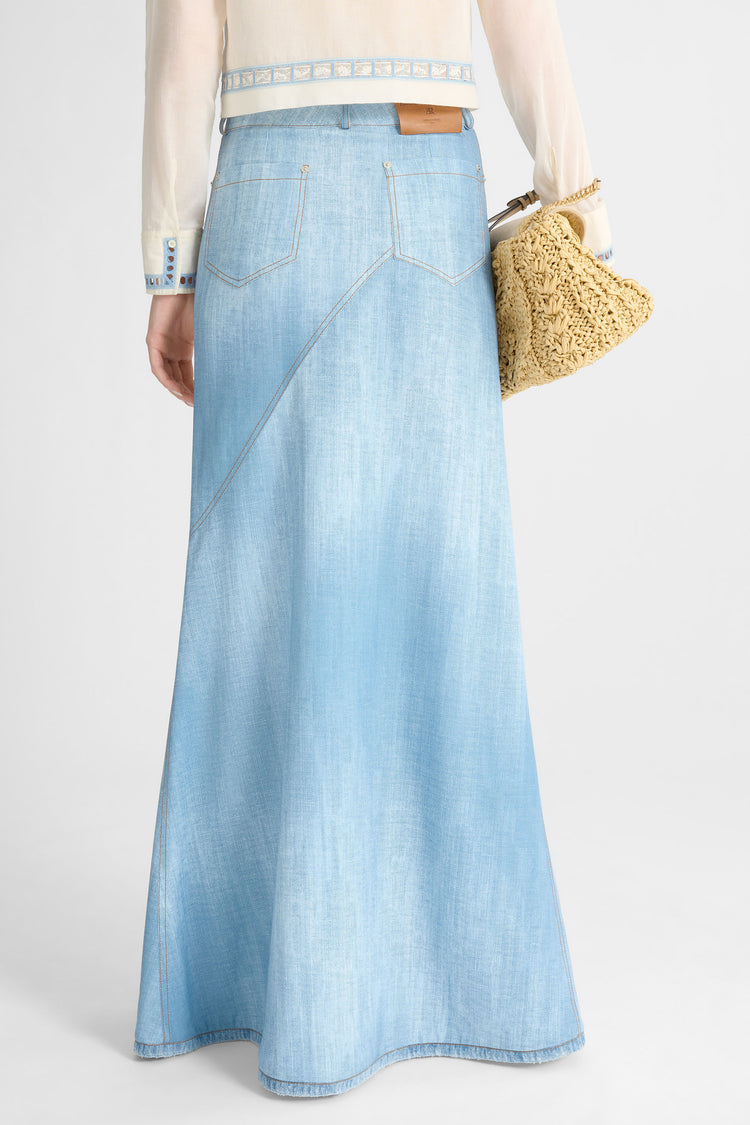 Gonna lunga in marocain stampa jeans