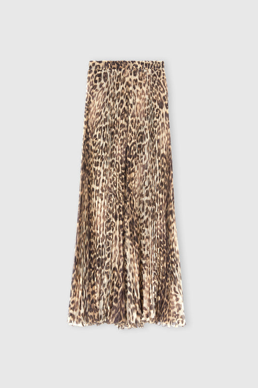 Pleated Midi Skirt in Silk with Natural Leopard Print