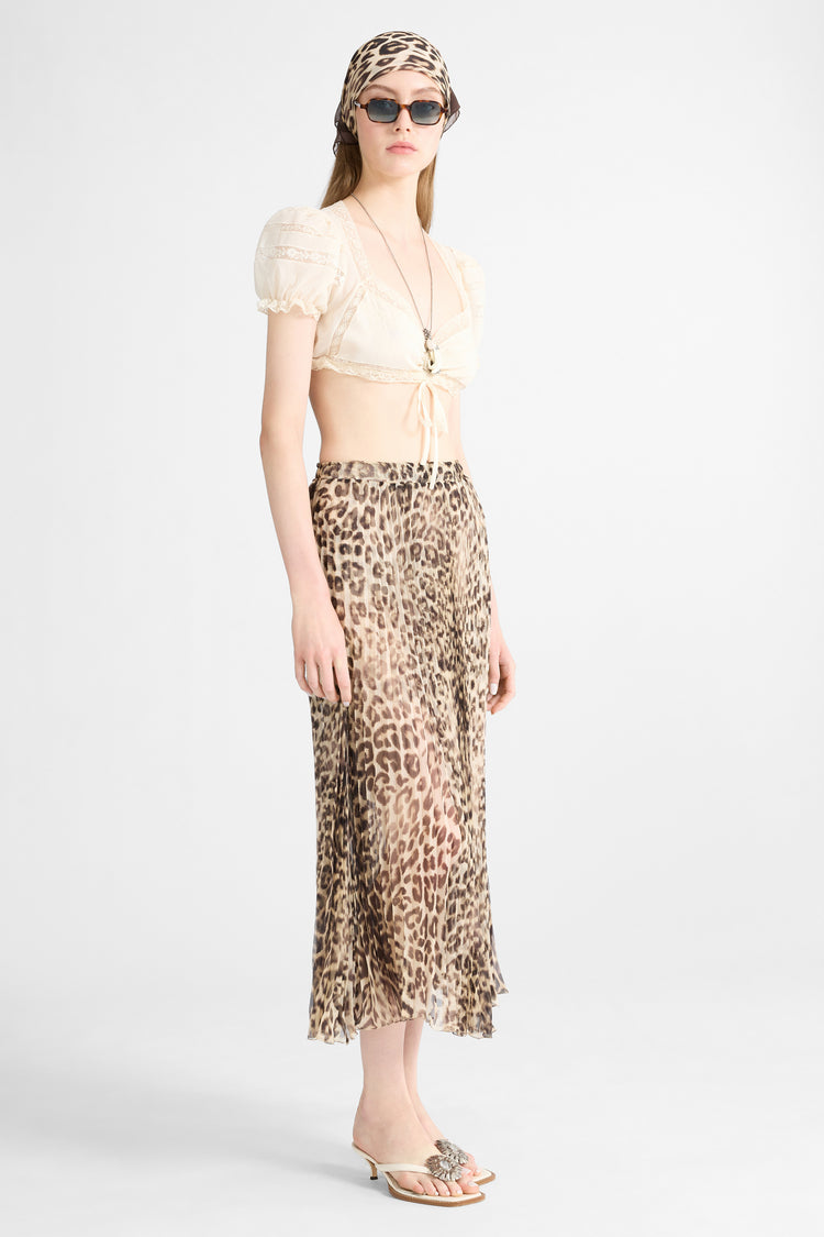 Pleated Midi Skirt in Silk with Natural Leopard Print
