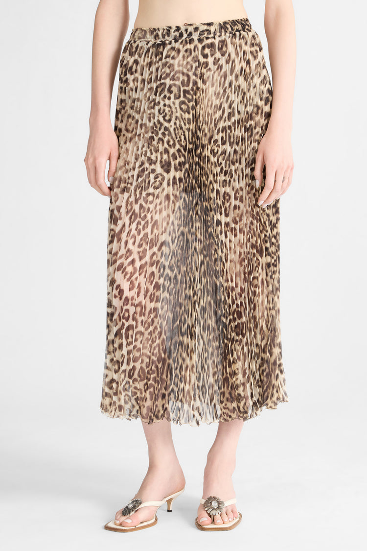 Pleated Midi Skirt in Silk with Natural Leopard Print
