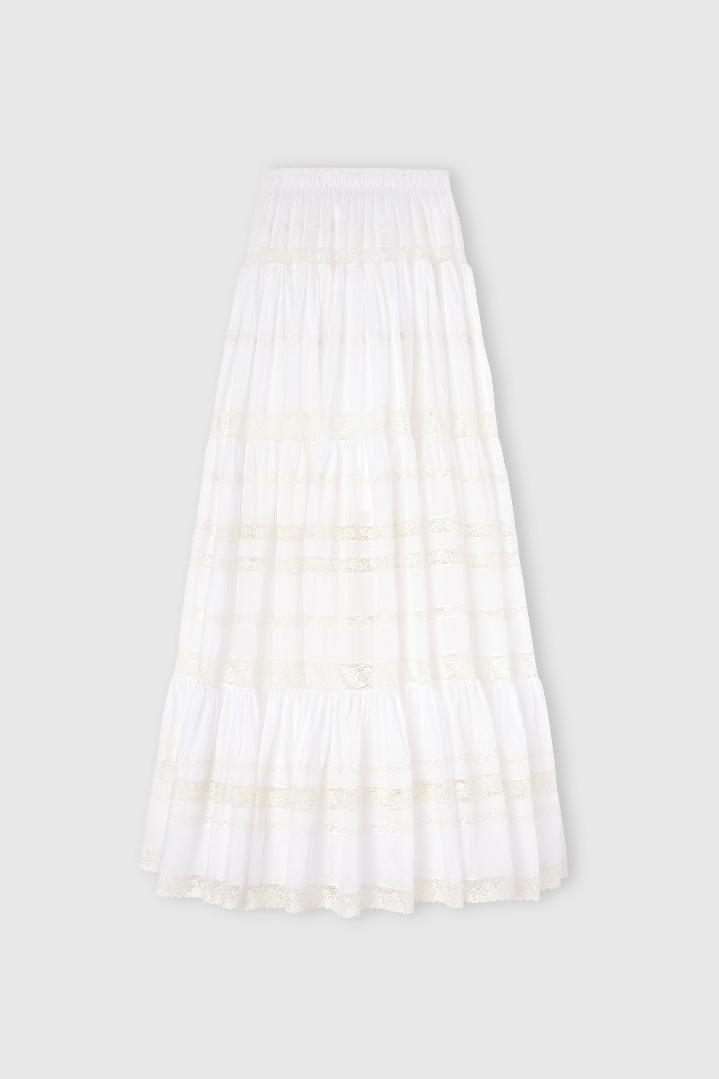 Long cotton muslin skirt with Valencienne lace, sheer effect
