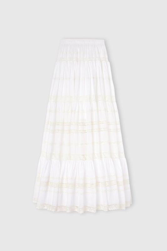 Long Cotton Muslin Skirt with Valencienne Lace
