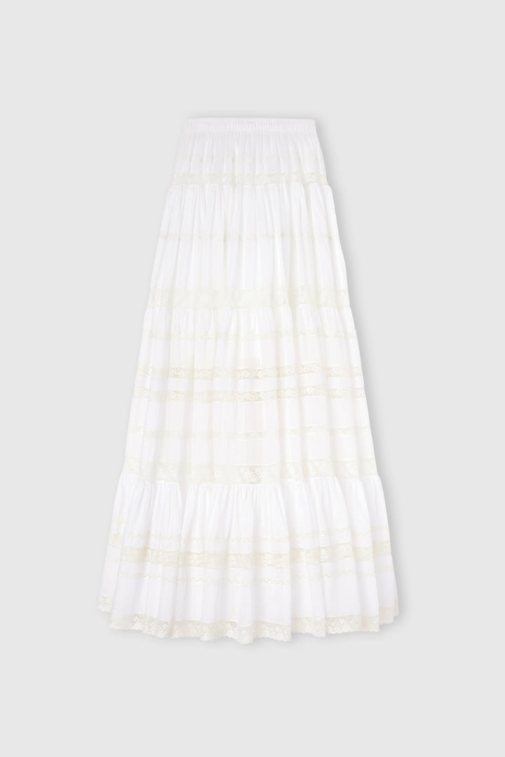 Long Cotton Muslin Skirt with Valencienne Lace