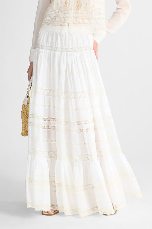 Long Cotton Muslin Skirt with Valencienne Lace