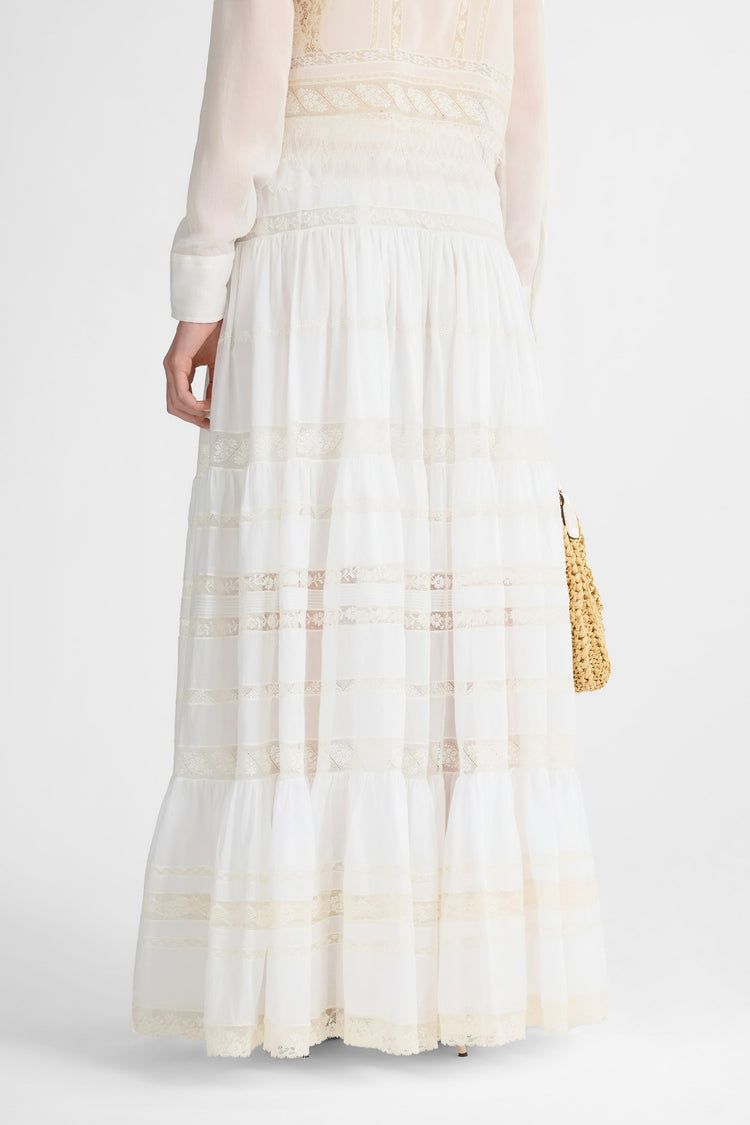 Gonna lunga in mussola di cotone con pizzo valencienne