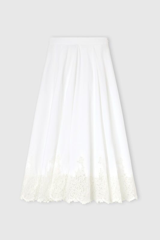 Midi Cotton Poplin Skirt with Hand-Applied Rebrodé Lace