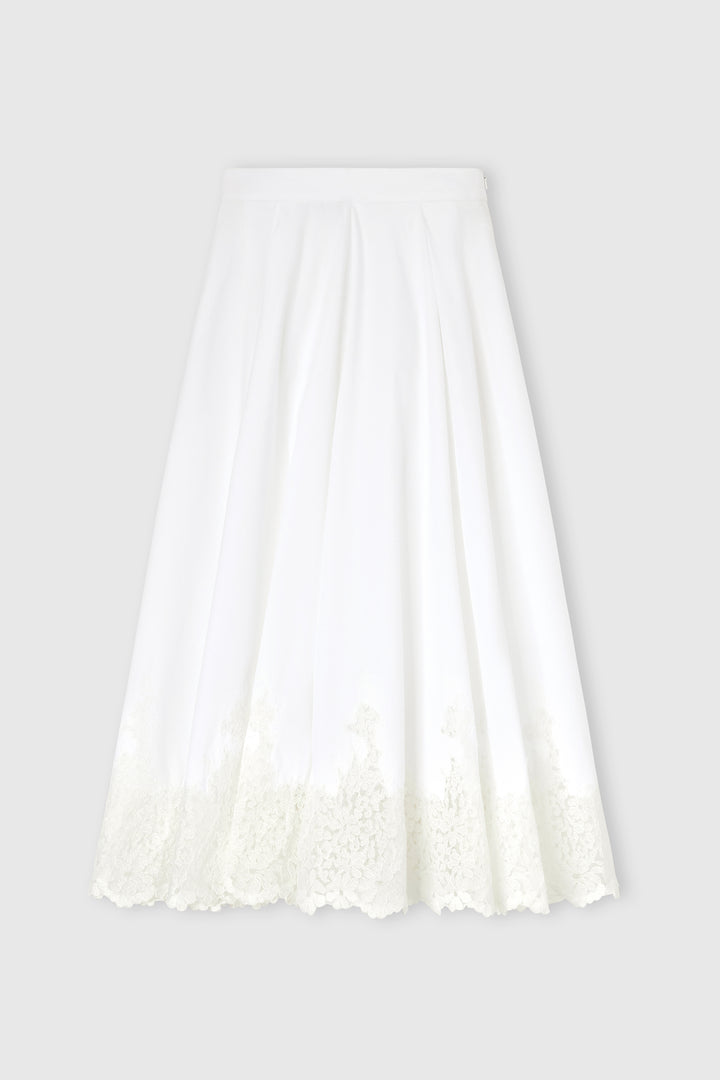Midi Cotton Poplin Skirt with Hand-Applied Rebrodé Lace