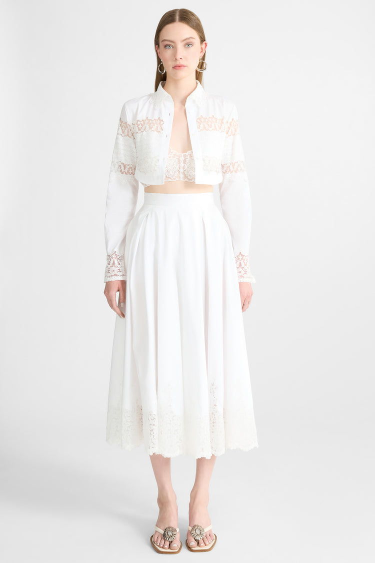 Midi Cotton Poplin Skirt with Hand-Applied Rebrodé Lace